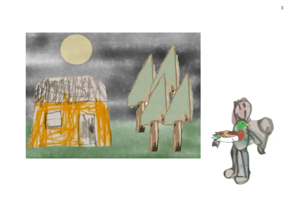 EE reader illustration page: Jack holds a duck beside a scene of his hut and trees beneath a moonlit sky.