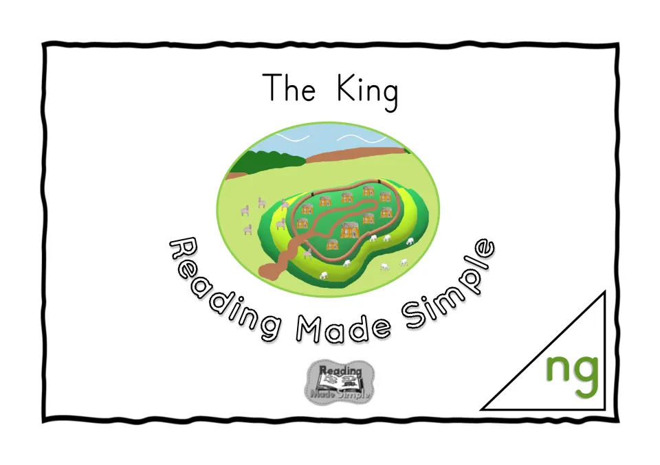 Cover of The King, an ng-sound reader from Reading Made Simple, showing a fort of huts on a hill with sheep grazing