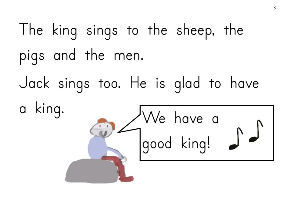 Story page: the king sings to the sheep, pigs and men; Jack sits on a rock singing 'We have a good king!'