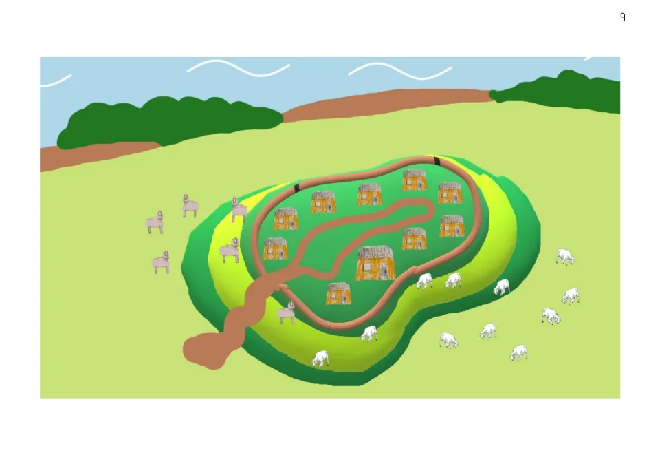Wordless illustration of the hill fort: thatched huts inside a ring path on a green hill, with sheep and goats around