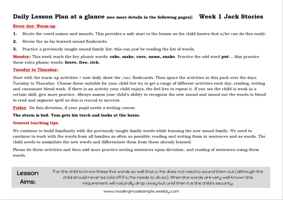 Week 1 Jack Stories lesson plan: daily warm-up, key words cake, make, cave, name, snake, and a Friday dictation sentence