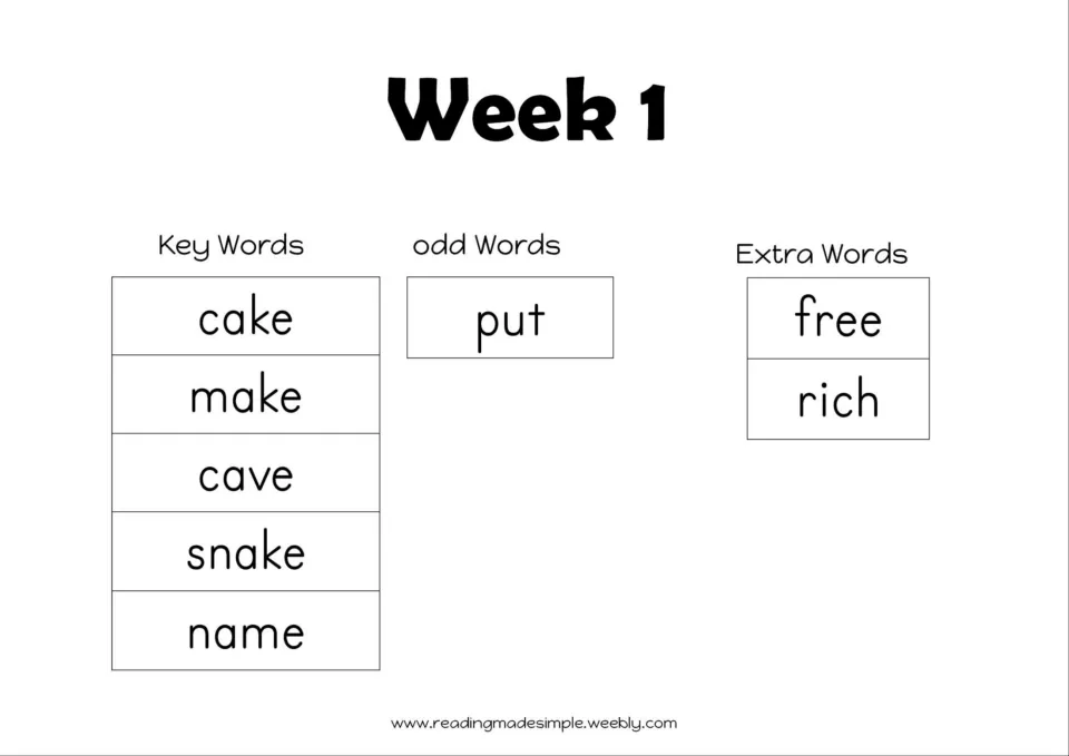 Week 1 word list: key words cake, make, cave, snake, name, odd word put, and extra words free and rich for sight reading