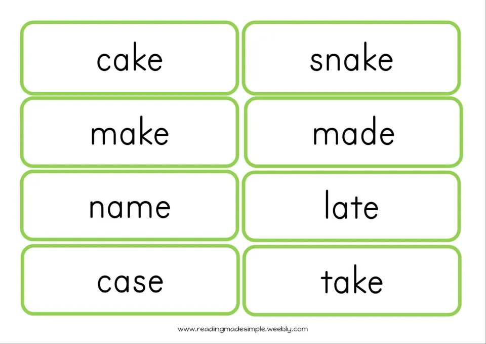 Silent e flashcards with a-e words cake, snake, make, made, name, late, case and take to cut out for reading practice