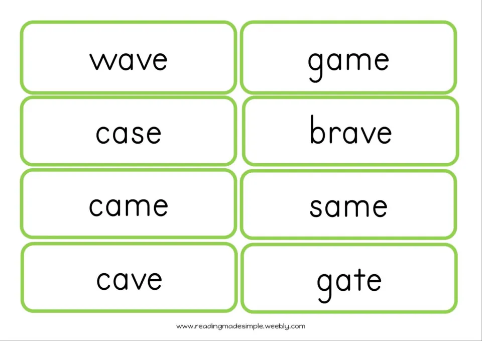 More a-e word flashcards: wave, game, case, brave, came, same, cave and gate for practising long a with magic e