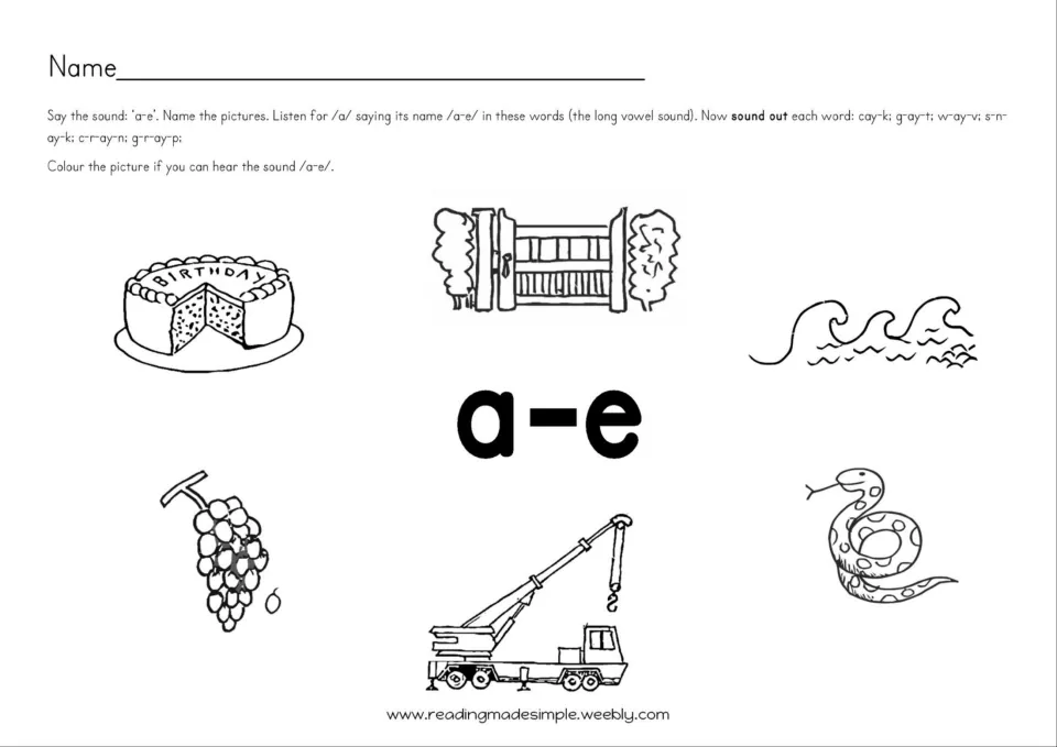 a-e sound picture hunt: students name cake, gate, wave, grapes, crane and snake, then colour those with the long a sound