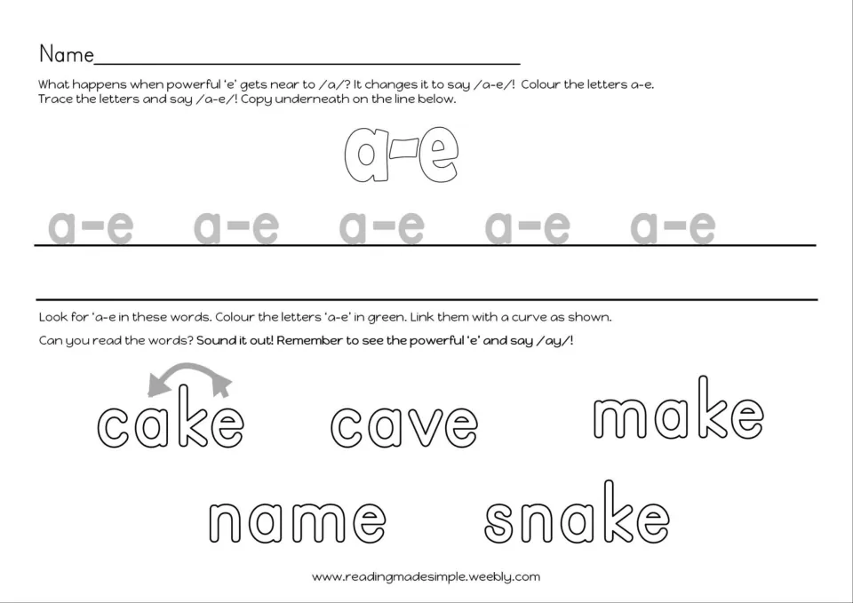 Powerful e page: students trace and copy a-e, then colour a-e in cake, cave, make, name and snake and link with a curve