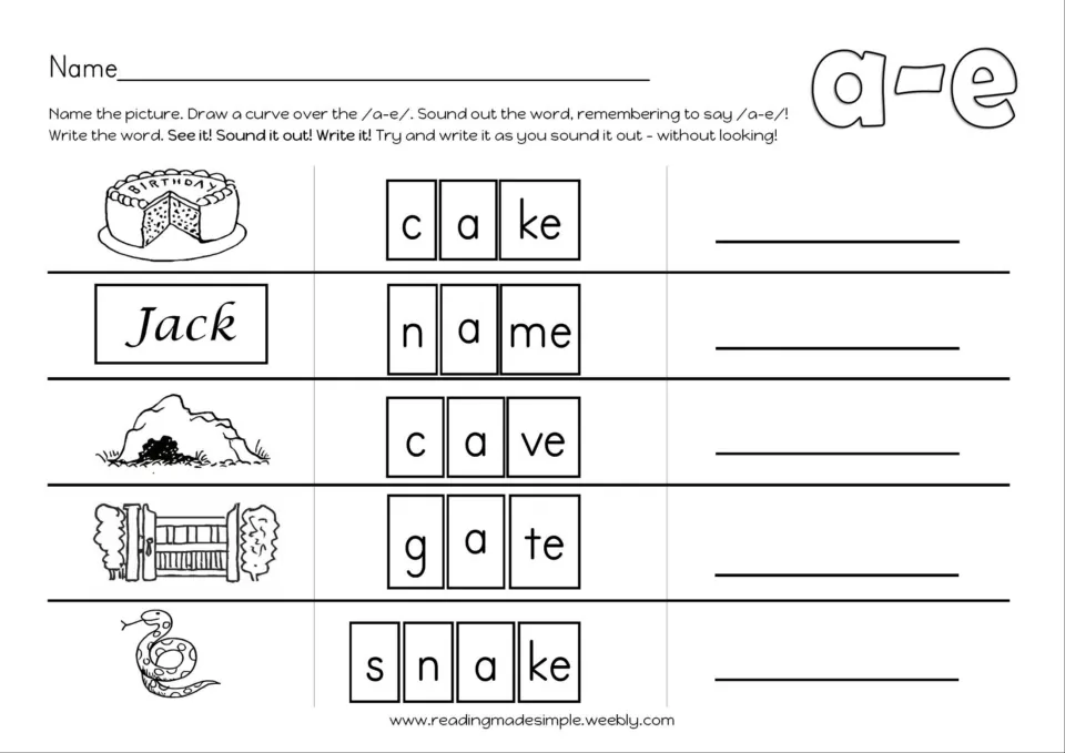 See it, sound it, write it: students sound out cake, name, cave, gate and snake from letter tiles and pictures, then write