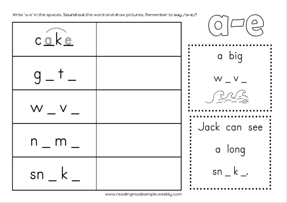 Missing letters: students write a and e into cake, gate, wave, name and snake, draw each word and complete two phrases