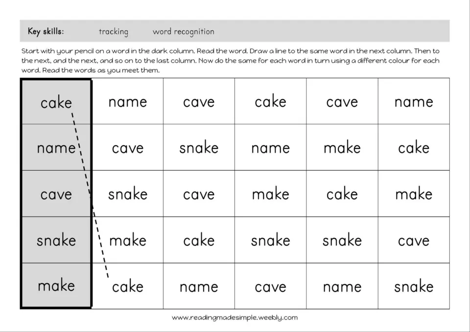 Word tracking: students read cake, name, cave, snake and make, linking each word to its match, one colour per word