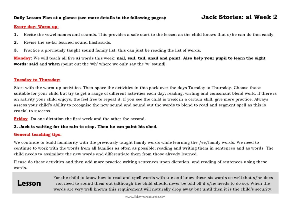 Weekly AI phonics lesson plan covering nail, sail, tail, snail, paint, sight words, warm-ups, and dictation