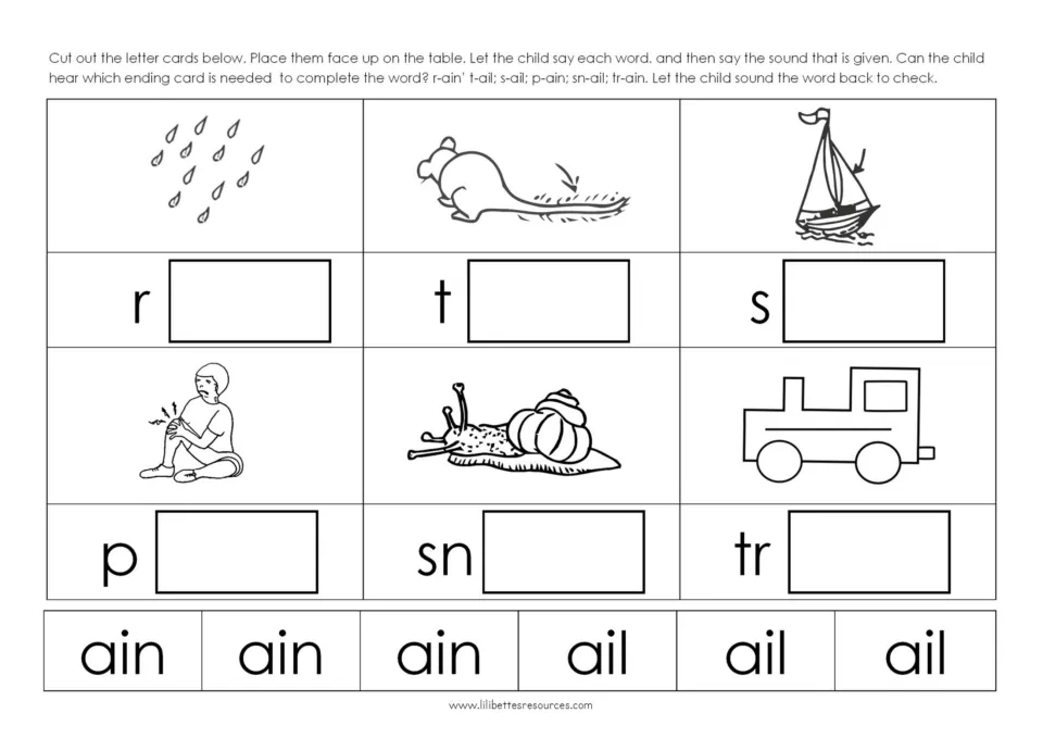 AI word-building activity using ain and ail ending cards to complete rain, tail, sail, pain, snail, and train