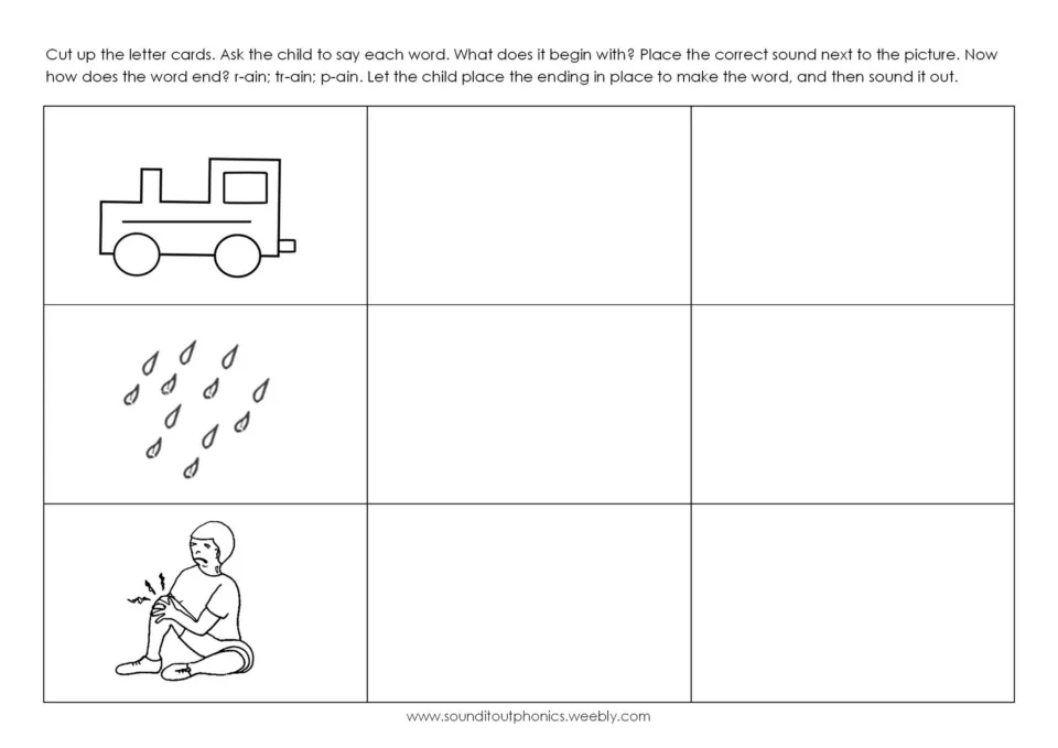 AI word-building mat for train, rain, and pain, using picture prompts to match beginning and ending sounds