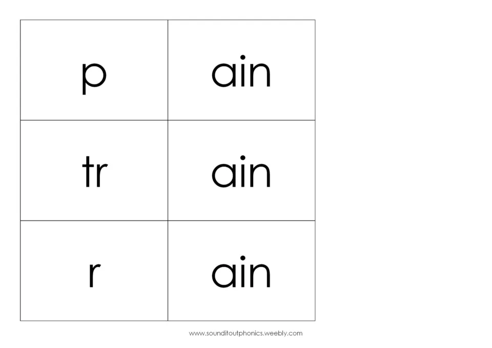 Six cut-out sound cards for the AI picture mat: p, tr, and r plus three ain cards to build pain, train, and rain