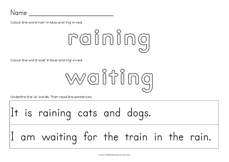 AI reading practice coloring rain and wait plus ing in raining and waiting, then finding AI words in sentences