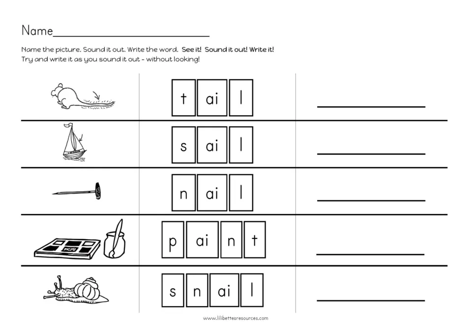 AI spelling practice with pictures and segmented sounds for tail, sail, nail, paint, and snail to read and write