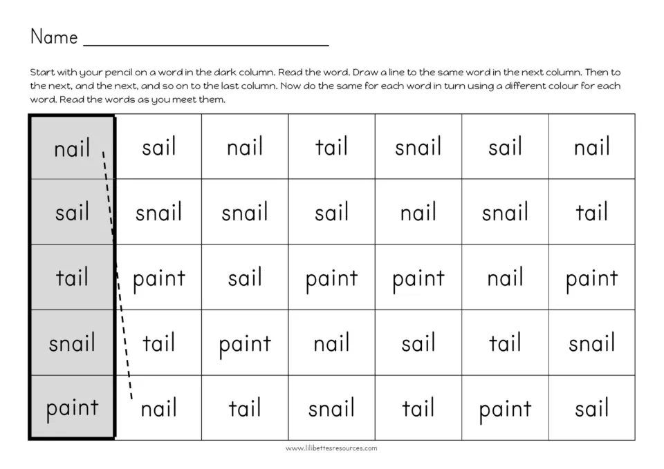 AI word-tracking activity connecting repeated nail, sail, tail, snail, and paint while reading each word aloud