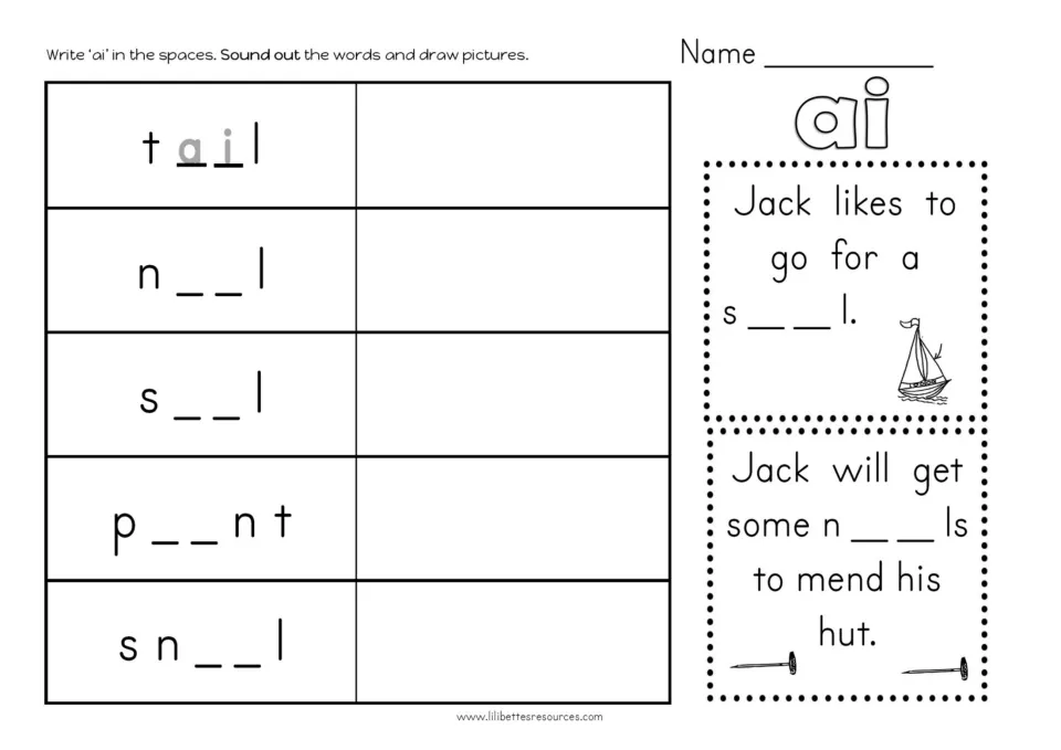 AI completion practice for tail, nail, sail, paint, and snail, plus Jack sentences about sailing and nails