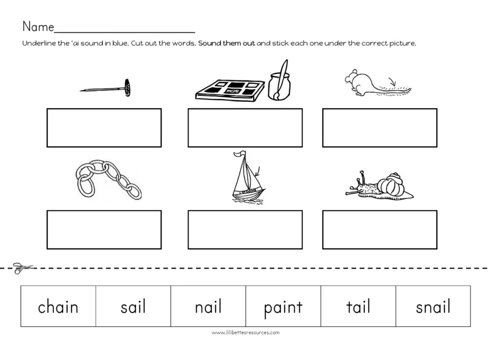 AI cut-and-paste matching activity pairing chain, sail, nail, paint, tail, and snail word cards with pictures