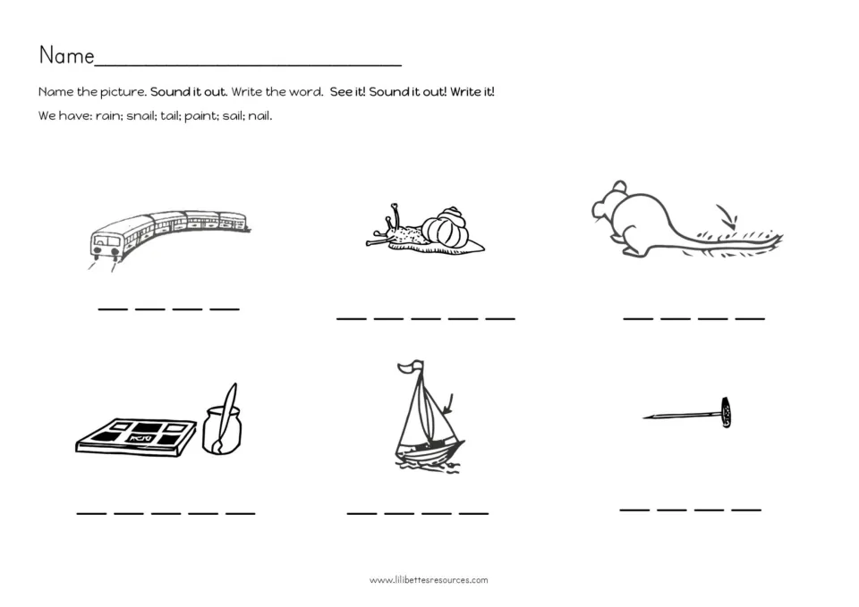AI picture-based spelling practice showing a train, snail, tail, paint, sail, and nail for students to name