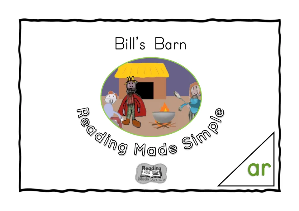 Phonics reader cover titled Bill’s Barn, labeled ar, with a story illustration of people beside a fire