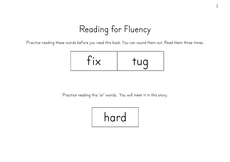 Reading for Fluency page asks readers to practice fix and tug three times and read the AR word hard