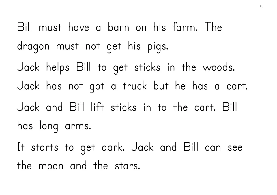 Opening story text: Bill needs a barn to protect his pigs, and Jack helps him load sticks into a cart