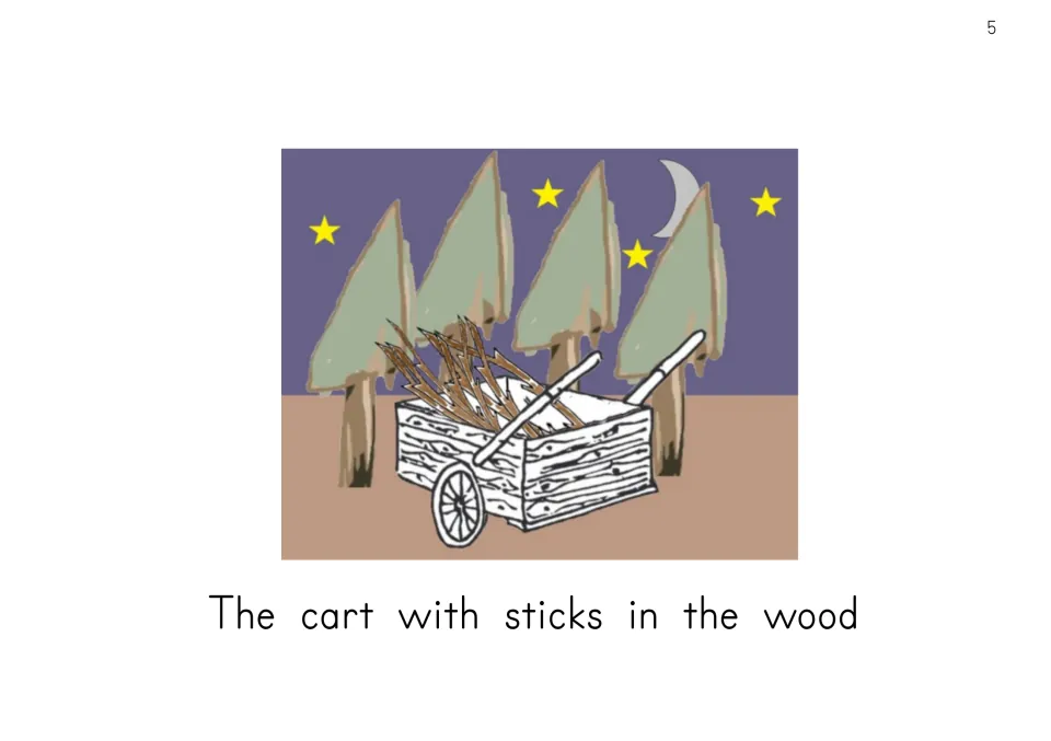 Story illustration shows a cart loaded with sticks among trees, captioned The cart with sticks in the wood