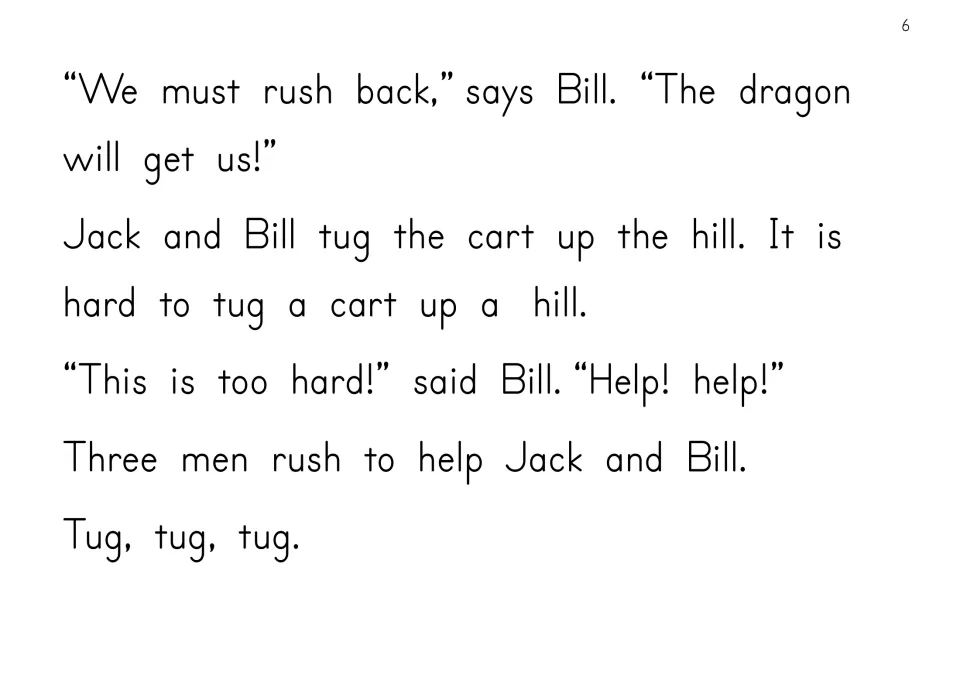 Story text: Jack and Bill struggle to tug the cart up the hill, and three men rush over to help them
