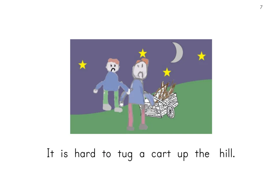 Story illustration of Jack and Bill pulling the cart uphill repeats It is hard to tug a cart up the hill