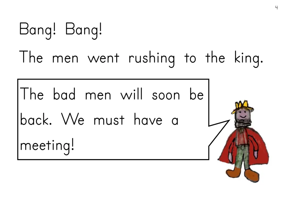 Opening story page: the men rush to the king, who calls a meeting because the bad men will soon return.