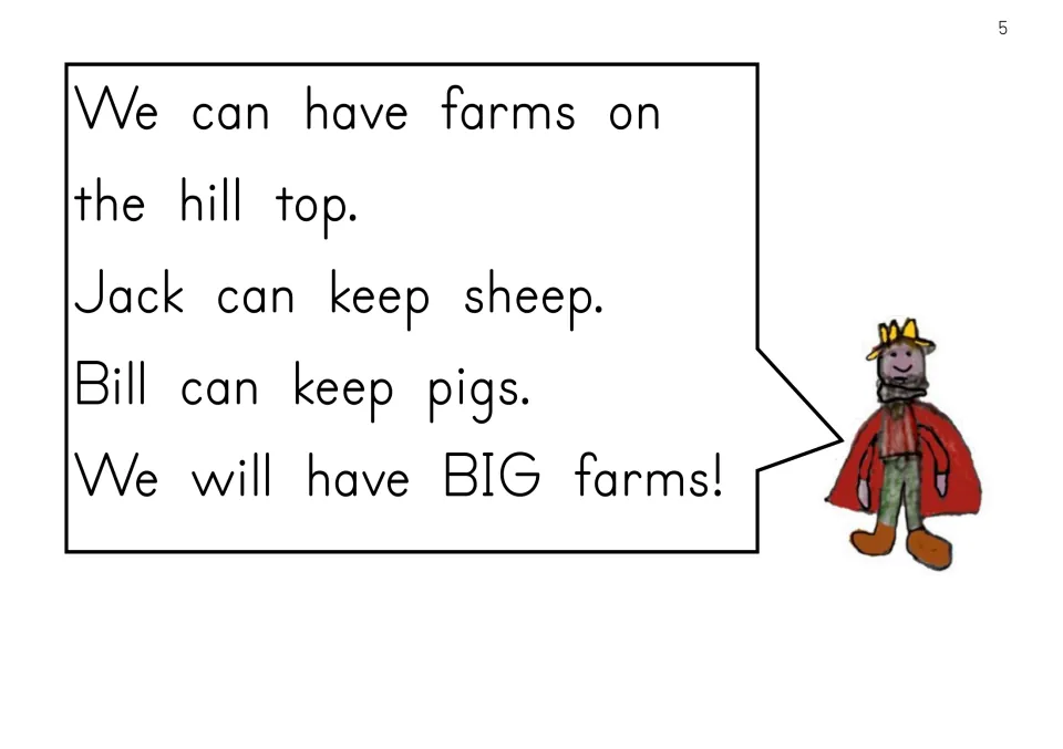 Story page 5: the king plans farms on the hilltop, saying Jack can keep sheep and Bill can keep pigs.
