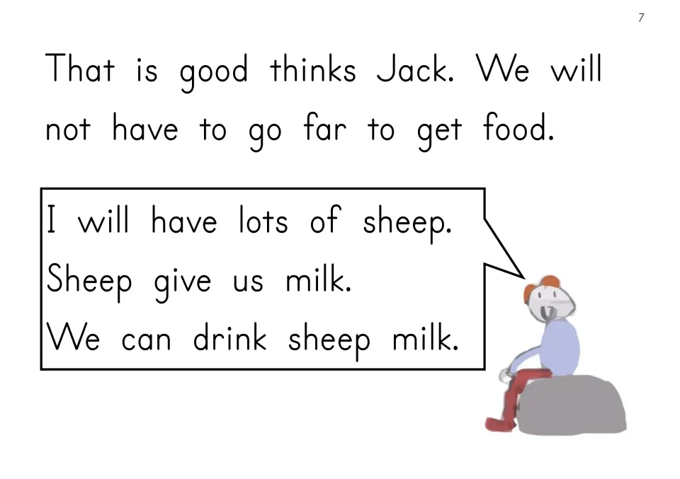 Story page 7: Jack thinks he will not travel far for food and says his sheep will give them milk to drink.