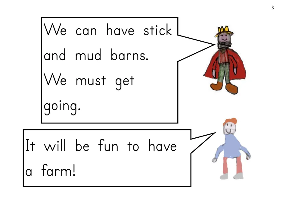 Story page 8: the king proposes stick and mud barns, and Jack says it will be fun to have a farm.