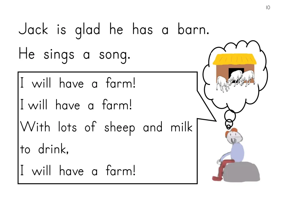 Story page 10: Jack is glad he has a barn and sings about having a farm with sheep and milk to drink.