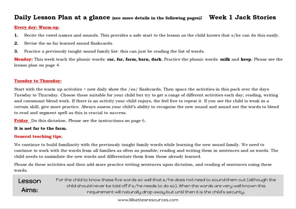 Weekly AR phonics lesson plan introducing car, far, farm, barn, and dark, with warm-ups and dictation.