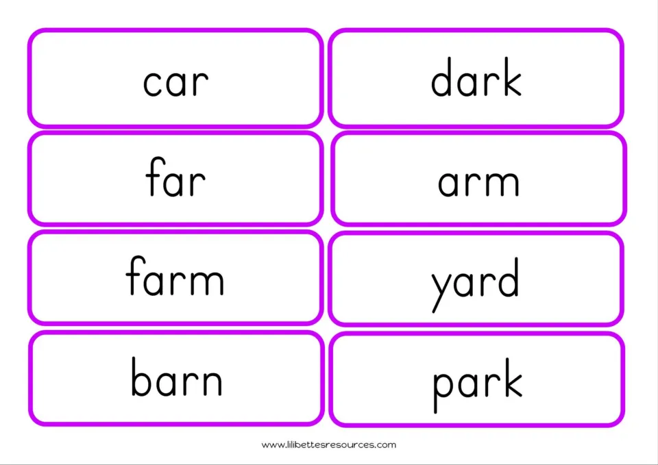 AR word cards 1–8 for reading practice: car, dark, far, arm, farm, yard, barn, and park.