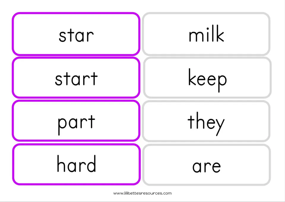 Phonics word cards 9–16: star, start, part, and hard, plus the practice words milk, keep, they, and are.