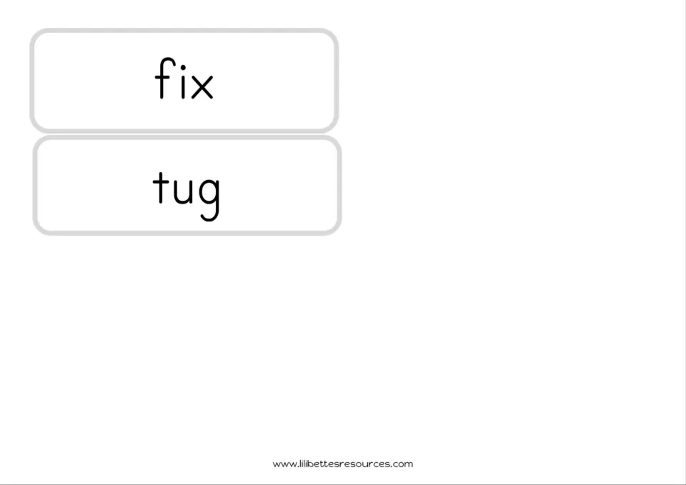 Final two word cards in the AR phonics pack show fix and tug for reading practice alongside AR words.