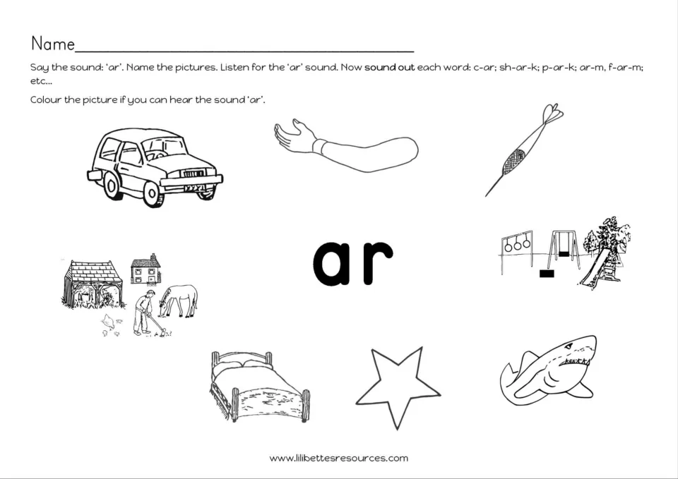 AR sound identification activity asks students to name pictures and color those whose names contain ar.