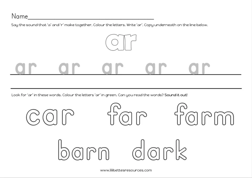 AR handwriting and reading practice: trace and copy ar, then color ar in car, far, farm, barn, and dark.