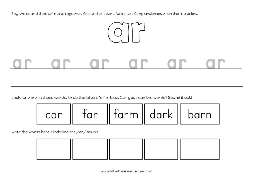 AR writing practice asks students to copy ar, circle it in car, far, farm, dark, and barn, and write each word.