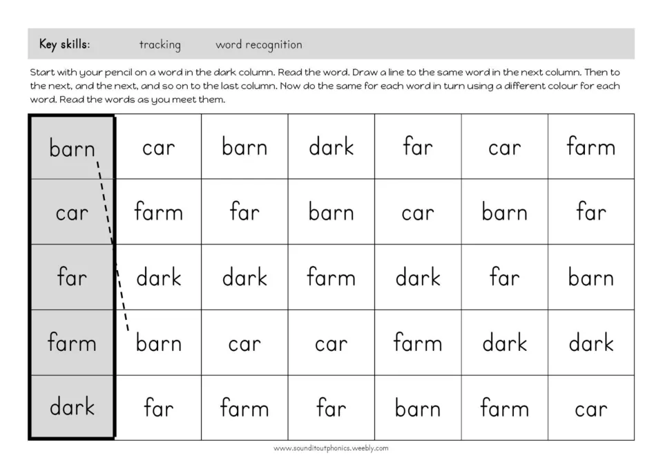 AR word tracking activity asks students to connect matching instances of barn, car, far, farm, and dark.