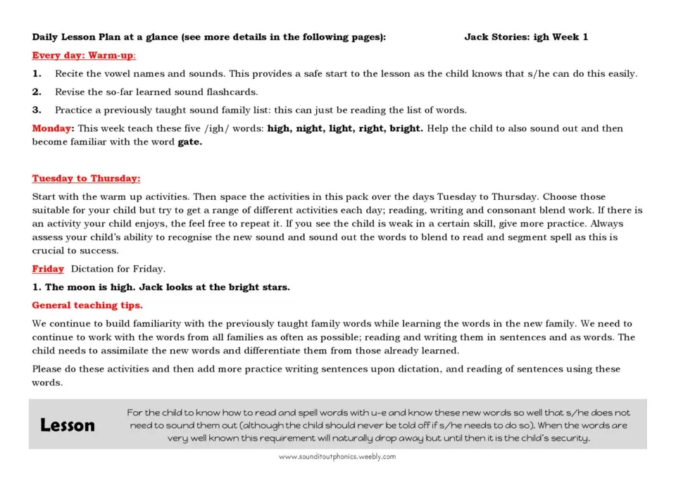 igh week 1 lesson plan: daily warm-up, Monday words high, night, light, right, bright, plus gate, and Friday dictation