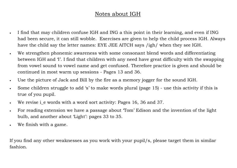 Teacher notes on IGH: confusing IGH with ING, saying letter names, IGH versus I, plurals, i_e word sort, Edison reading