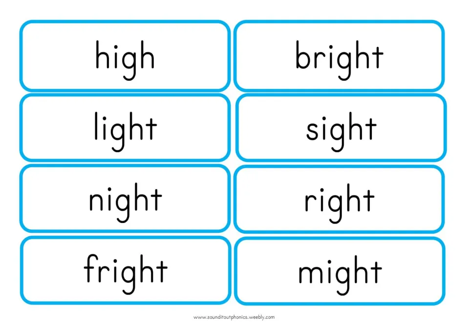 igh word flashcards: high, bright, light, sight, night, right, fright and might for instant word reading