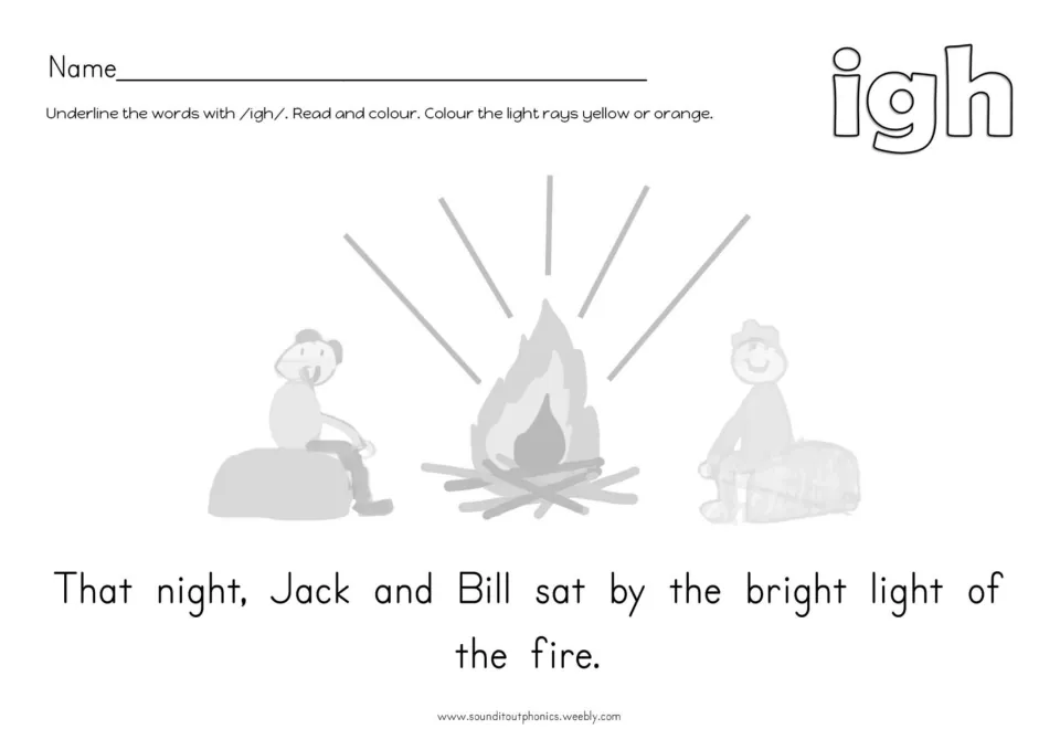 igh memory picture: students underline /igh/ words in 'That night, Jack and Bill sat by the bright light of the fire'