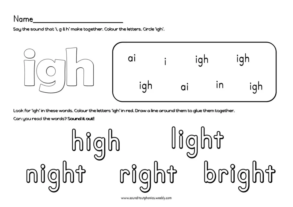 Spotting igh: students colour the letters, circle igh among ai, i and in, then colour igh in high, light, night, right