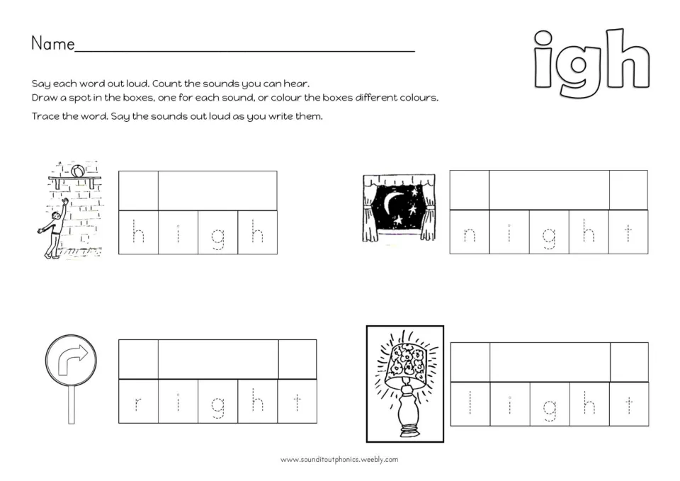 Sound counting with igh: students say high, night, right and light, mark one spot per sound, then trace each word