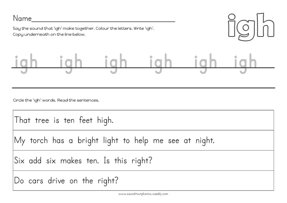 Writing igh and reading sentences: students trace and copy igh, then circle the igh words in four short sentences