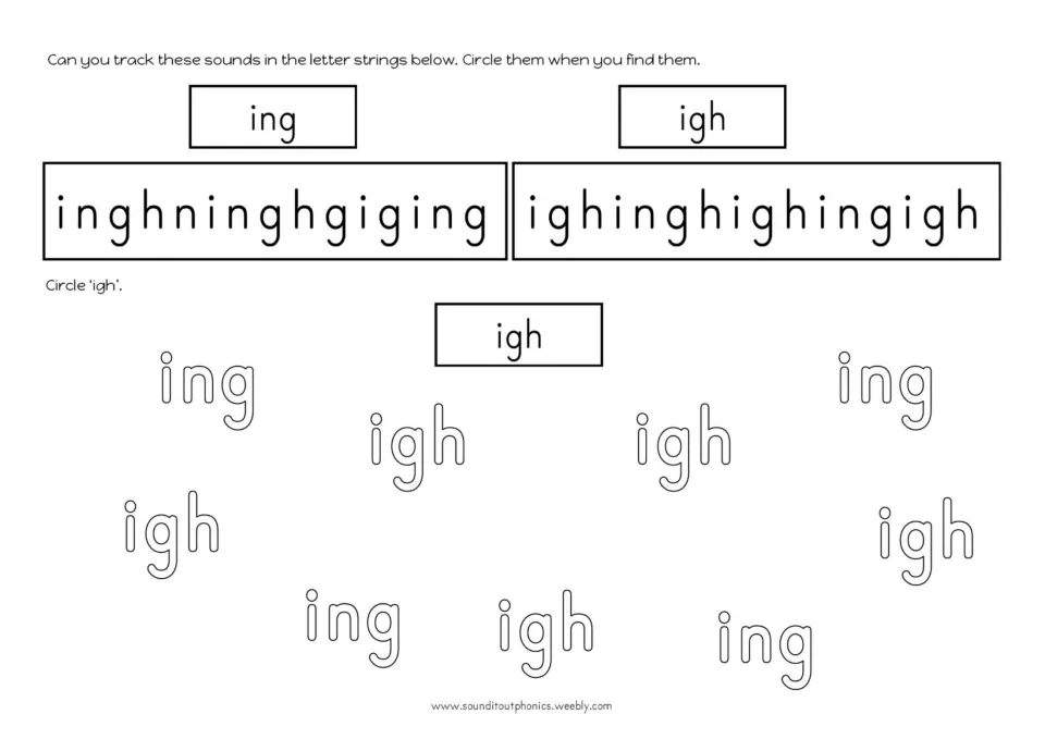ing versus igh tracking: students circle each sound in long letter strings, then circle only igh among scattered ing and igh